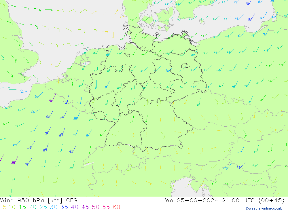 ветер 950 гПа GFS ср 25.09.2024 21 UTC