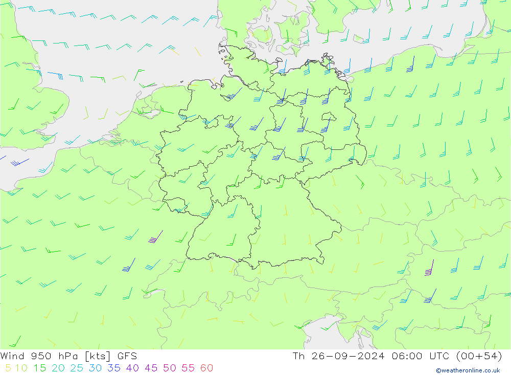 Vent 950 hPa GFS jeu 26.09.2024 06 UTC