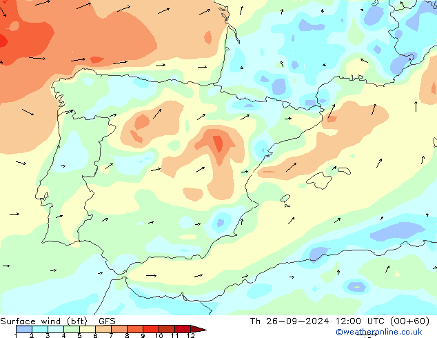 Vento 10 m (bft) GFS Qui 26.09.2024 12 UTC