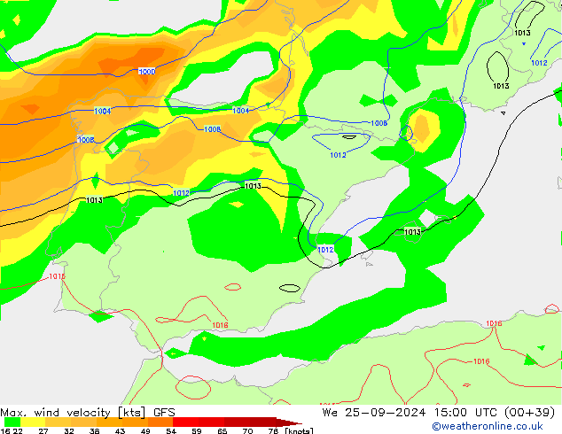 Max. wind velocity GFS śro. 25.09.2024 15 UTC