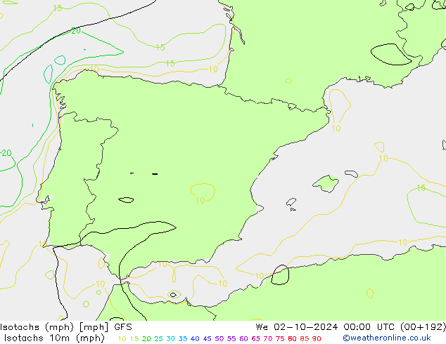 Isotachs (mph) GFS mer 02.10.2024 00 UTC