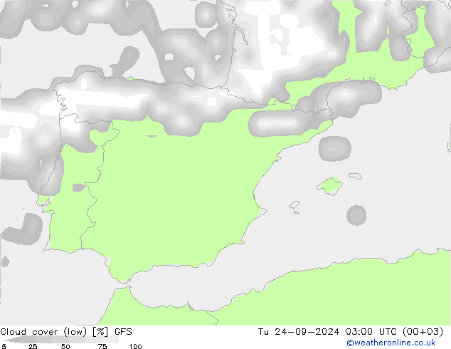 Cloud cover (low) GFS Tu 24.09.2024 03 UTC