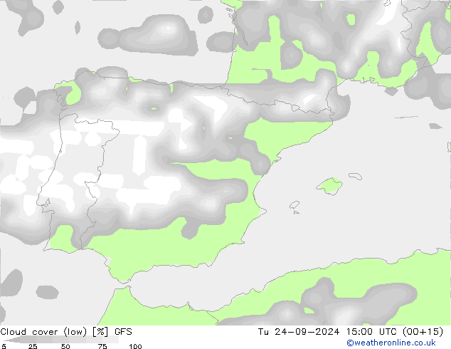 Cloud cover (low) GFS Tu 24.09.2024 15 UTC