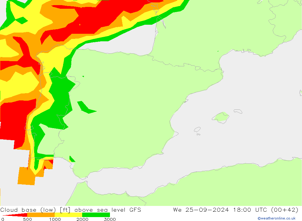 Cloud base (low) GFS mié 25.09.2024 18 UTC