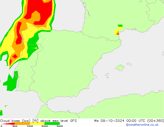 Cloud base (low) GFS ср 09.10.2024 00 UTC