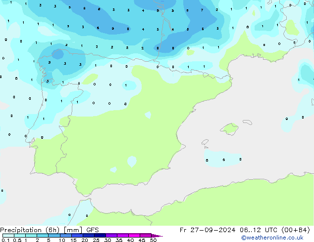 Precipitation (6h) GFS Pá 27.09.2024 12 UTC