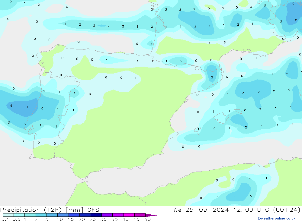 Précipitation (12h) GFS mer 25.09.2024 00 UTC