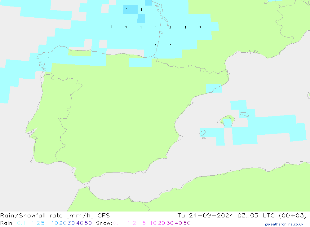 Rain/Snowfall rate GFS  24.09.2024 03 UTC