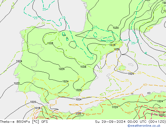 Theta-e 850hPa GFS Ne 29.09.2024 00 UTC