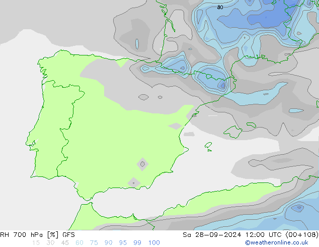 RH 700 hPa GFS Sáb 28.09.2024 12 UTC