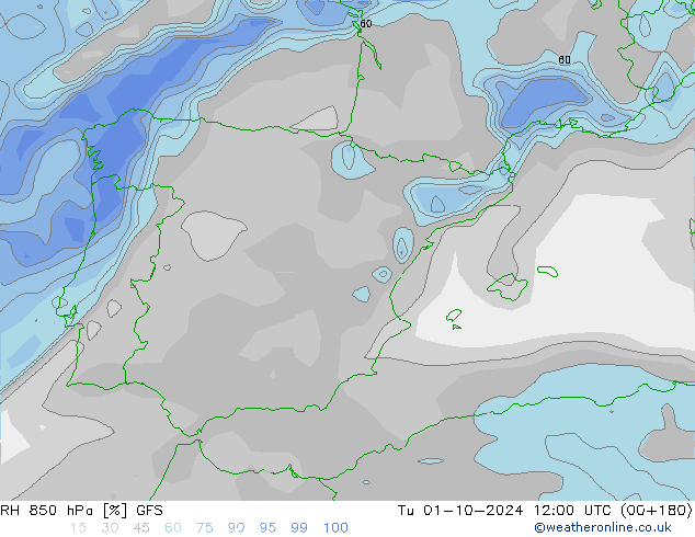 RH 850 hPa GFS Tu 01.10.2024 12 UTC