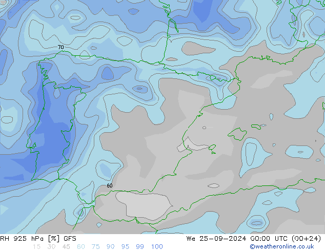 RH 925 hPa GFS Mi 25.09.2024 00 UTC