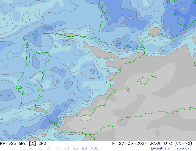 RH 925 гПа GFS пт 27.09.2024 00 UTC