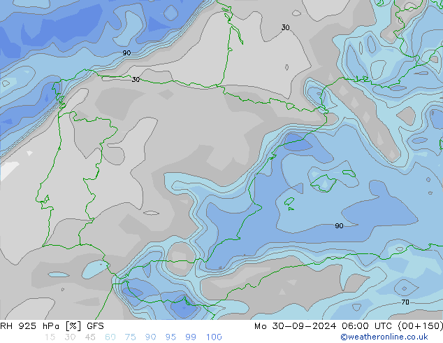 RH 925 hPa GFS Mo 30.09.2024 06 UTC