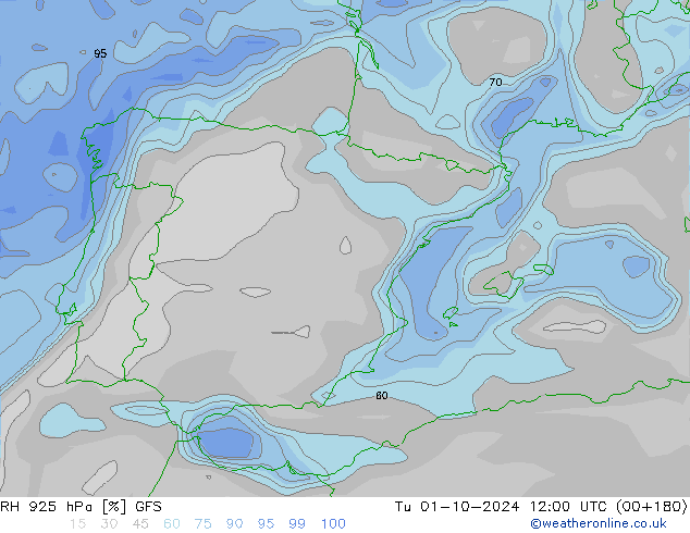 RH 925 гПа GFS вт 01.10.2024 12 UTC