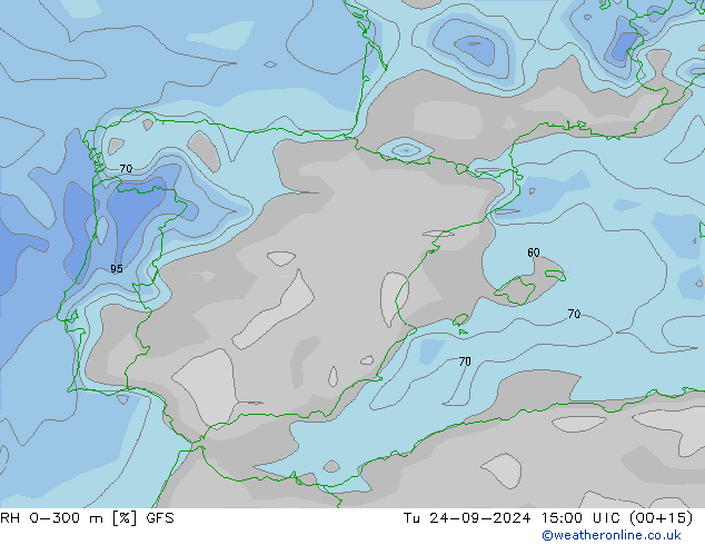 RH 0-300 m GFS Tu 24.09.2024 15 UTC