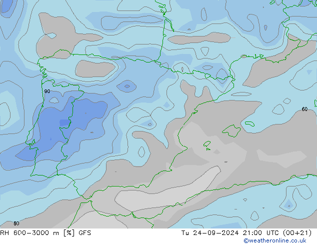 RH 600-3000 m GFS wto. 24.09.2024 21 UTC