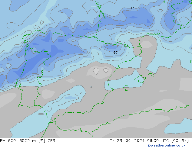 RH 600-3000 m GFS Čt 26.09.2024 06 UTC