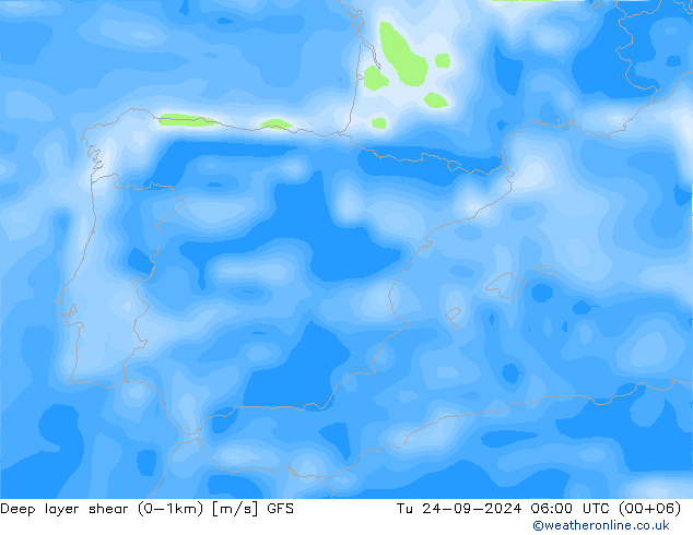 Deep layer shear (0-1km) GFS Ter 24.09.2024 06 UTC