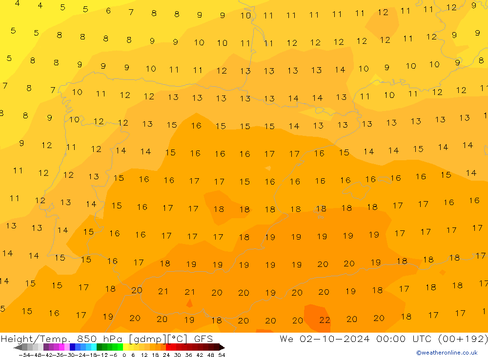 Height/Temp. 850 hPa GFS St 02.10.2024 00 UTC