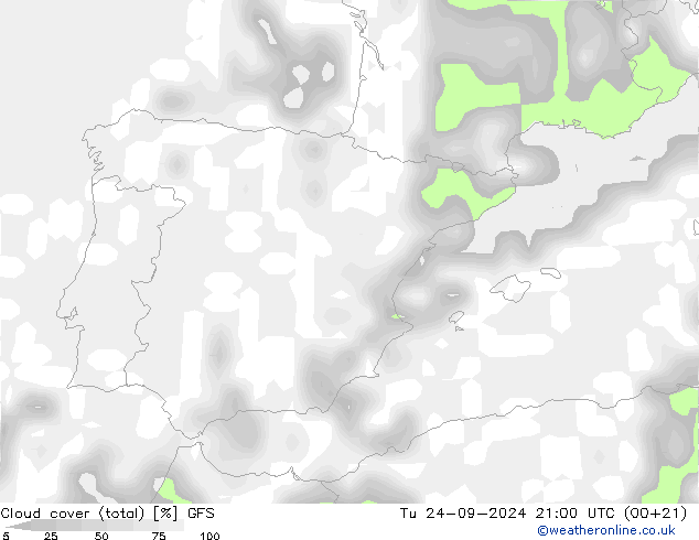 zachmurzenie (suma) GFS wto. 24.09.2024 21 UTC