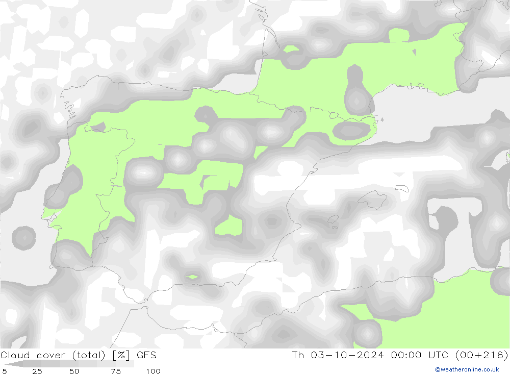 Cloud cover (total) GFS Th 03.10.2024 00 UTC