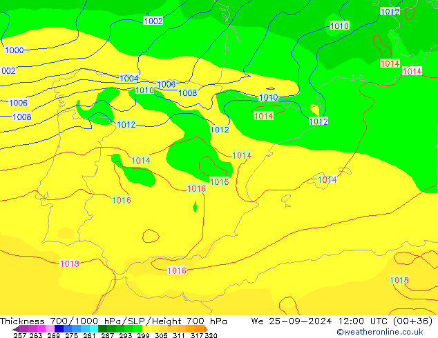 Thck 700-1000 hPa GFS śro. 25.09.2024 12 UTC