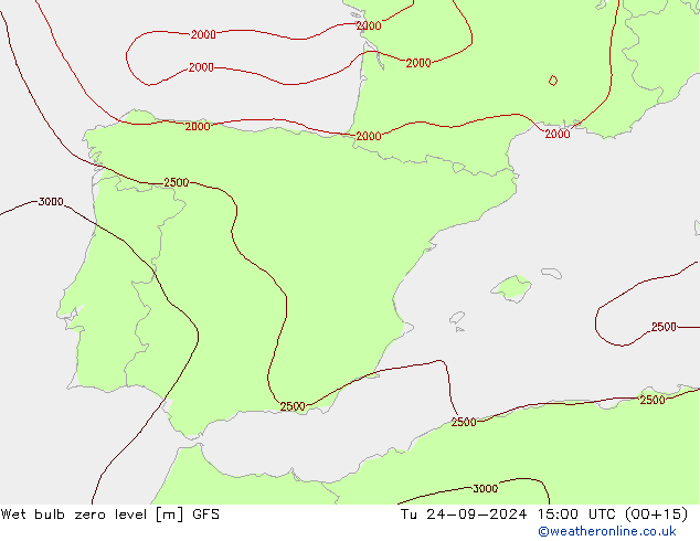 Wet bulb zero level GFS Tu 24.09.2024 15 UTC