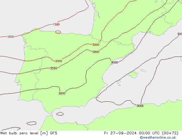 Wet bulb zero level GFS Fr 27.09.2024 00 UTC