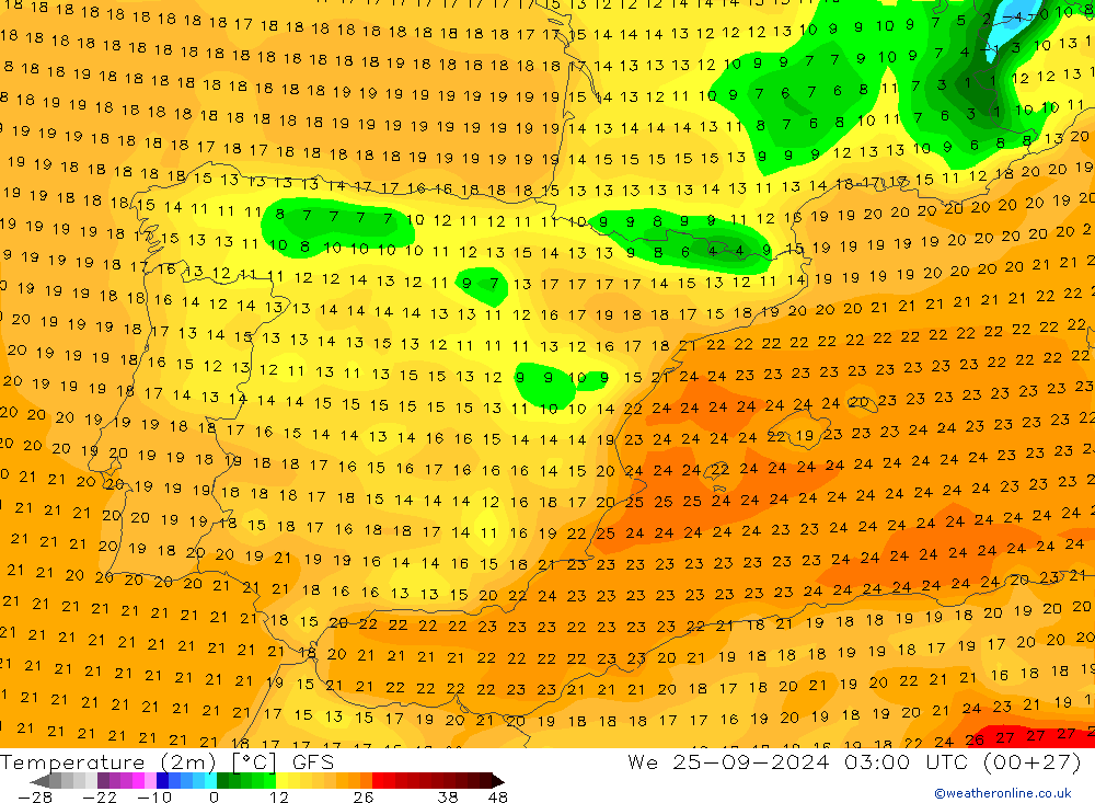 Temperature (2m) GFS We 25.09.2024 03 UTC