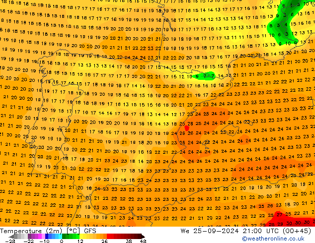 mapa temperatury (2m) GFS śro. 25.09.2024 21 UTC