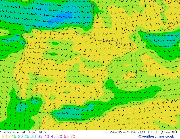 Surface wind GFS Út 24.09.2024 00 UTC