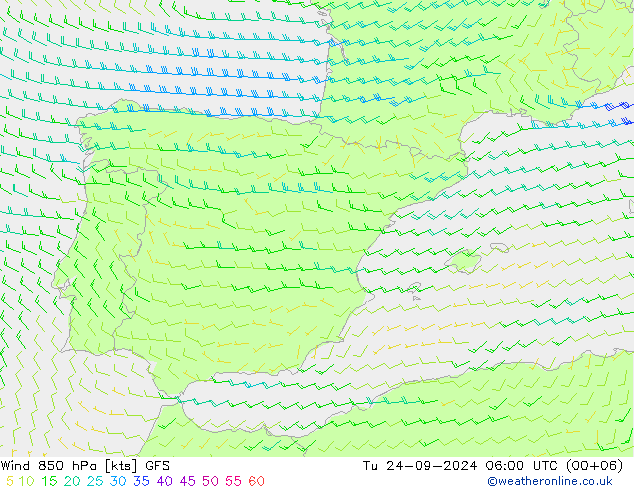 Vento 850 hPa GFS Ter 24.09.2024 06 UTC