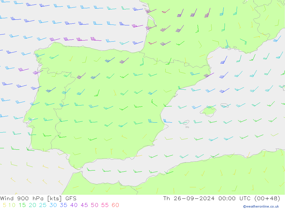 ветер 900 гПа GFS чт 26.09.2024 00 UTC