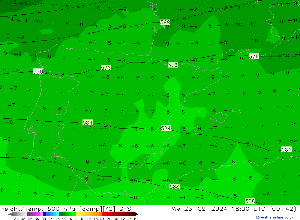 Hoogte/Temp. 500 hPa GFS wo 25.09.2024 18 UTC