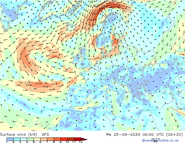 Surface wind (bft) GFS St 25.09.2024 06 UTC