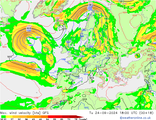 Max. wind snelheid GFS di 24.09.2024 18 UTC