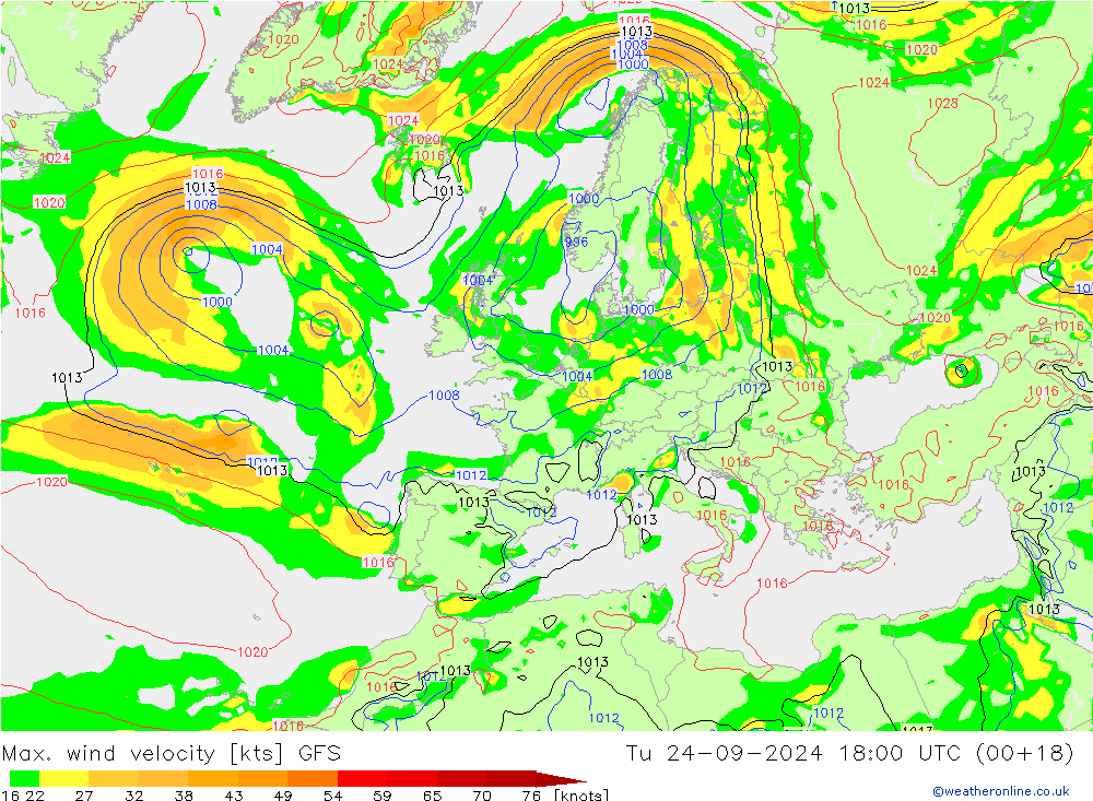 Max. wind snelheid GFS di 24.09.2024 18 UTC