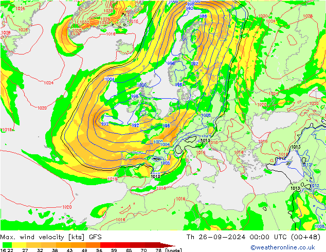 Max. wind velocity GFS чт 26.09.2024 00 UTC