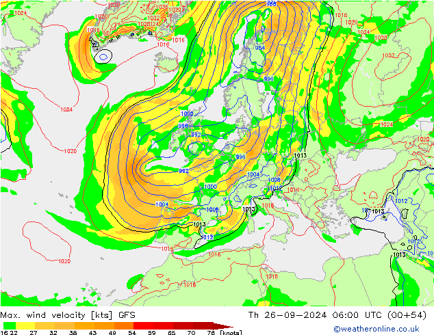 Max. wind snelheid GFS do 26.09.2024 06 UTC