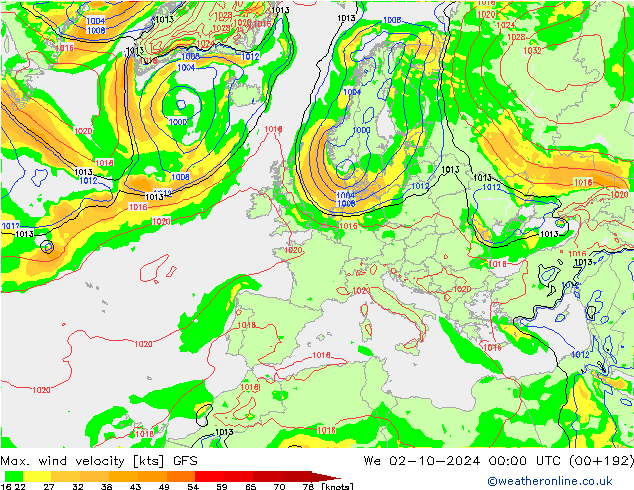 Max. wind velocity GFS Qua 02.10.2024 00 UTC