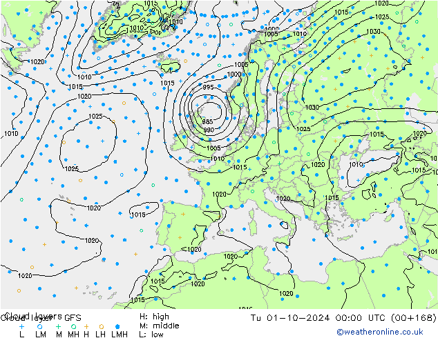 Cloud layer GFS вт 01.10.2024 00 UTC