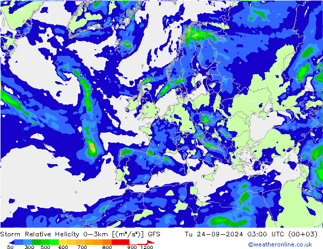 Storm Relative Helicity GFS di 24.09.2024 03 UTC