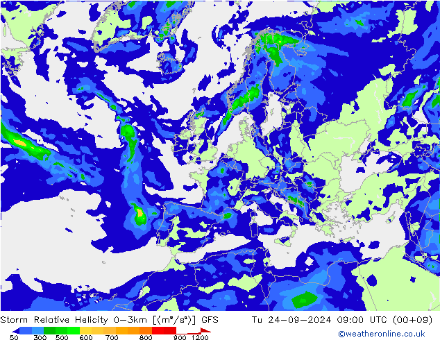 Storm Relative Helicity GFS Tu 24.09.2024 09 UTC