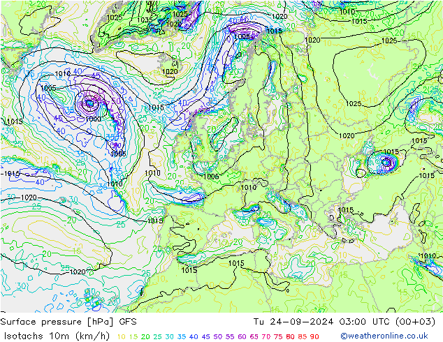 Isotachs (kph) GFS Ter 24.09.2024 03 UTC