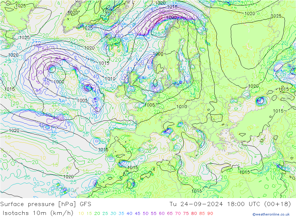 Isotachen (km/h) GFS Di 24.09.2024 18 UTC