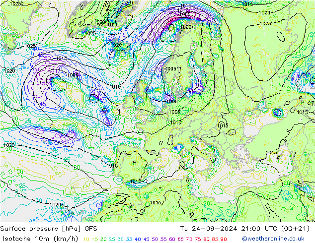 Isotachs (kph) GFS вт 24.09.2024 21 UTC