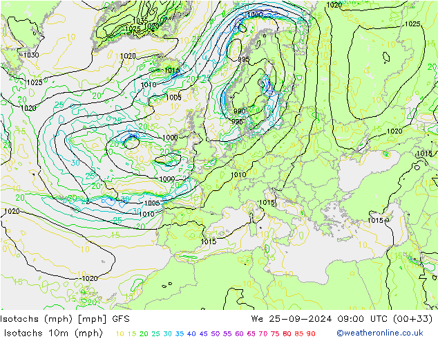 Isotachs (mph) GFS mer 25.09.2024 09 UTC