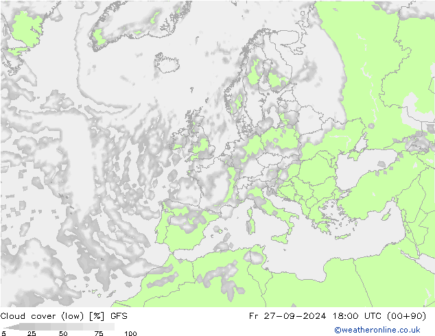 Cloud cover (low) GFS Fr 27.09.2024 18 UTC