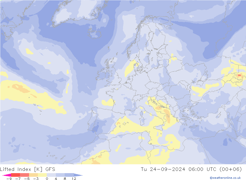 Lifted Index GFS Út 24.09.2024 06 UTC